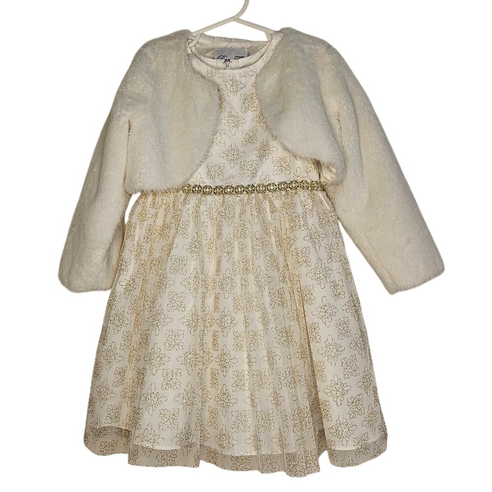 Rare too White Gold Glitter formal dress white faux coat size 5